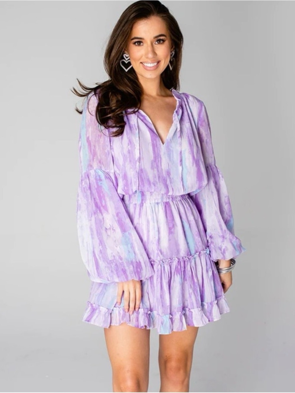 Buddy Love Lavender Watercolor Long Sleeve Ruffle Dress